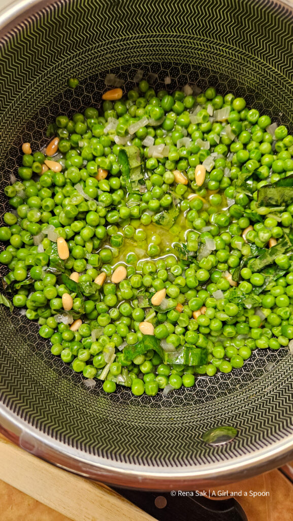 Peas with Shallots, Garlic, Pine Nuts